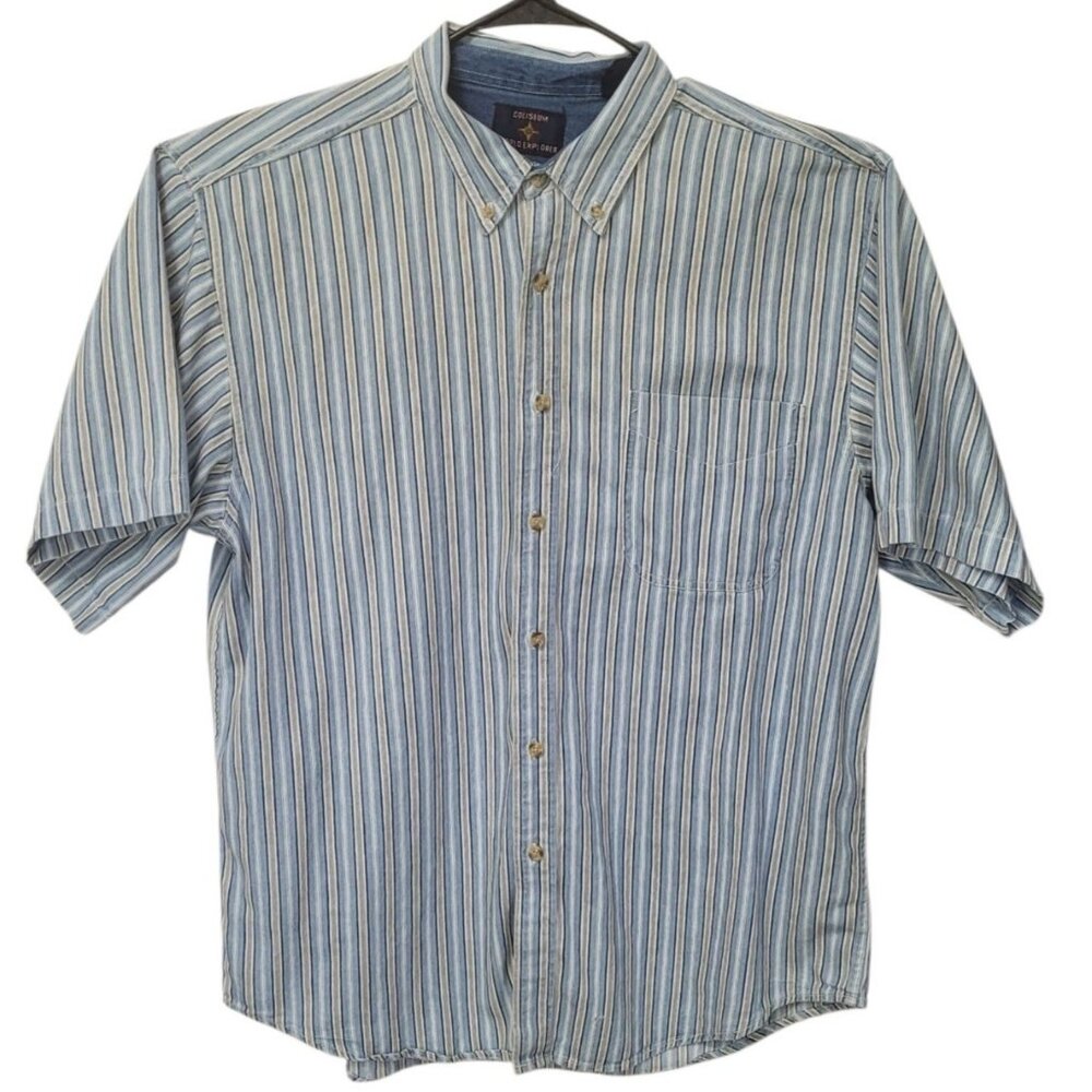 Vintage Coliseum World Explorer Shirt Size XXL Blue Stripe Short Sleeve Button